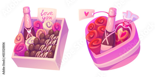 Pink gift boxes with chocolate candies, cookies, champagne or wine bottles and rose flowers for Saint Valentine Day congratulation. Cartoon vector set of romantic heart shaped gift with sweet desserts © klyaksun
