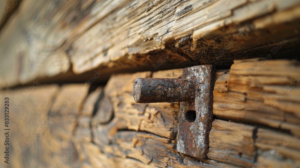 Antique hand forged nail embedded in a wooden beam Antique hand forged nail embedded in a wooden beam