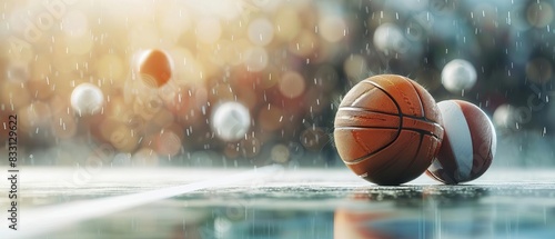 Close-up of basketballs on a wet court with raindrops falling, capturing the essence of outdoor sports in challenging weather conditions. photo