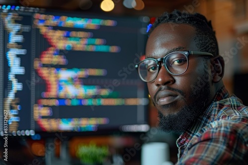 An editorial photostock image featuring a dedicated programmer, intensely working on code with a serious expression, highlighting the modern workspace photo