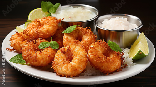 Delicious Jacob Isle Jumbo Coconut Shrimp Hand Dipped in our Signature Butter On Blurry Background