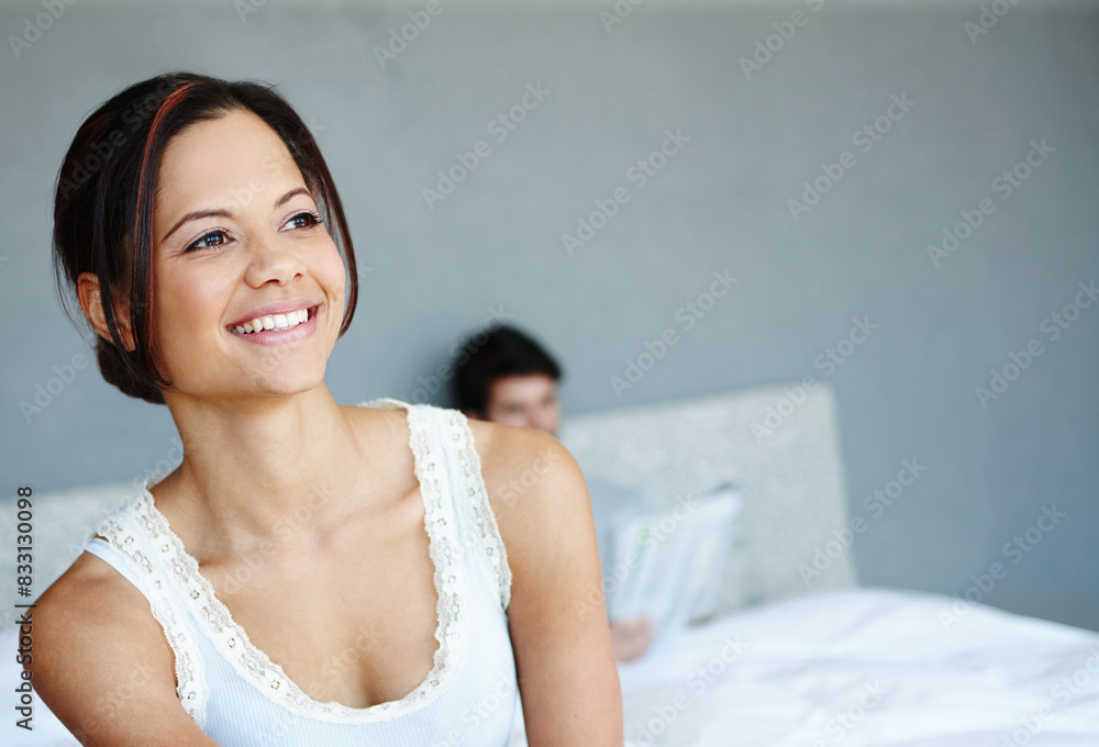 Thinking, woman or smile in bed with confidence, weekend relax or partner in morning for rest in home. Happy, face or couple in bedroom for marriage, pride or comfort in hotel room, idea or apartment Thinking, woman or smile in bed with confidence, weekend relax or partner in morning for rest in home. Happy, face or couple in bedroom for marriage, pride or comfort in hotel room, idea or apartment
