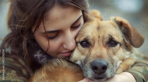 A young woman lovingly embraces her dog, highlighting the strong bond and affection between a human and her pet. Outdoor setting. Tender moment.