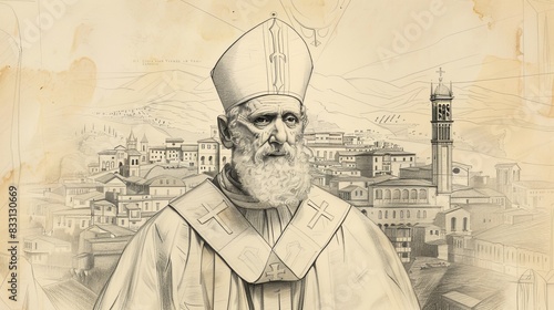 St. Eusebius of Vercelli in Bishop's Robes, 4th-Century Italian City, Biblical Illustration, Beige Background, Copyspace photo