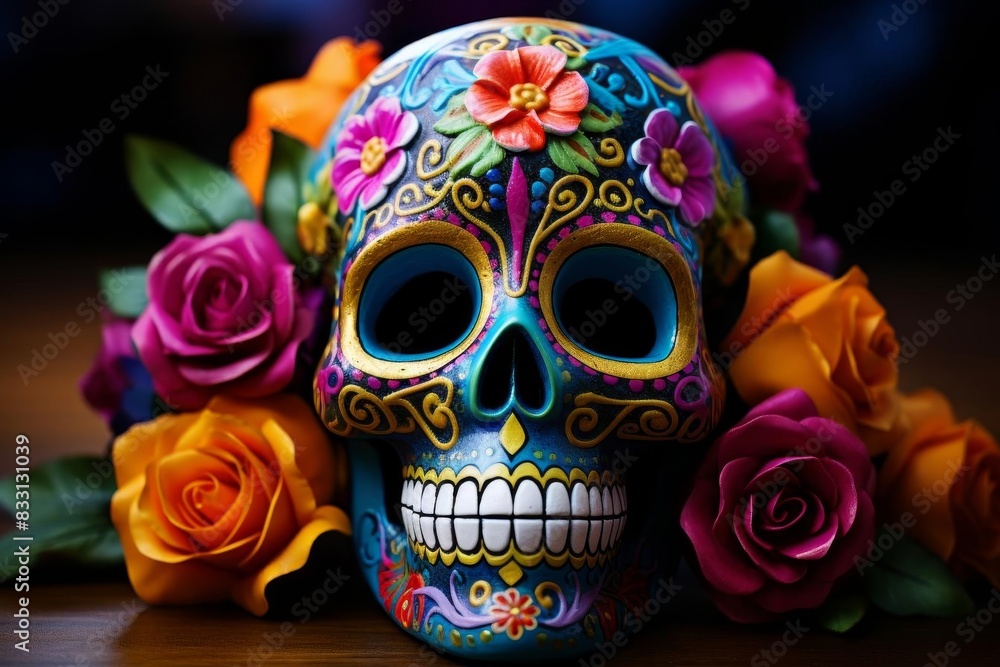 A colorful sugar skull with floral decorations,