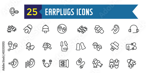Earplugs icons set outline vector. Anti care device. Ear plug protection. Outline icon collection. Editable stroke.