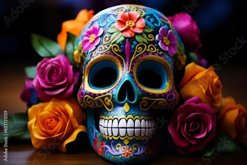 A colorful sugar skull with floral decorations,