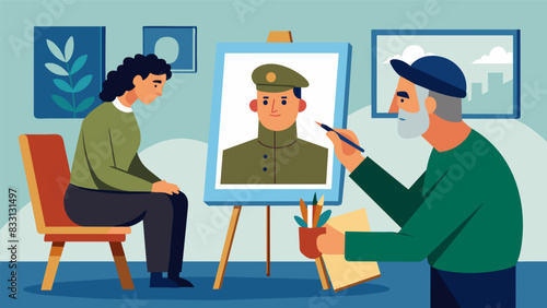 In a quiet corner of the art therapy room a veteran quietly sketches a portrait of a fellow soldier reflecting on their bond and memories together.. Vector illustration