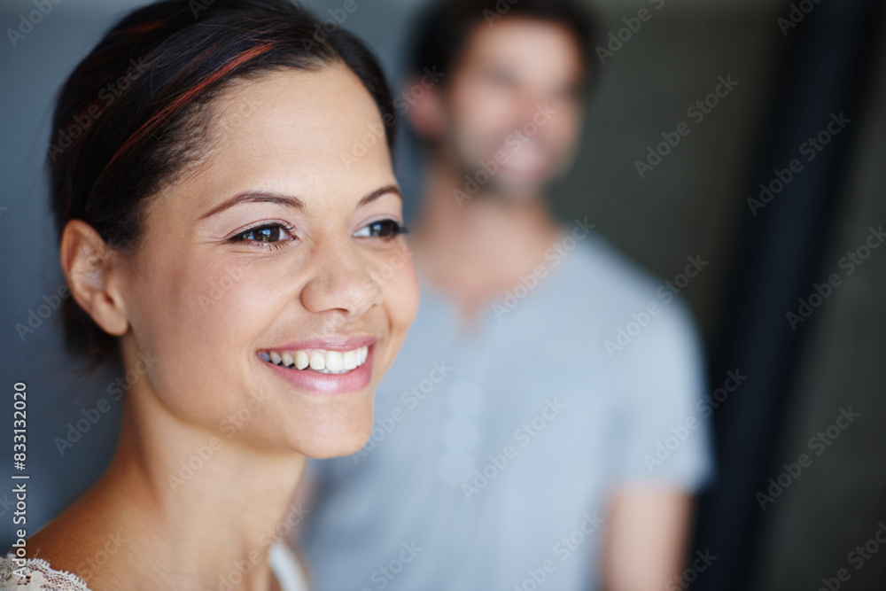 Smile, woman and man in bedroom with weekend, relax and thinking for morning confidence in home. Happy, face and couple with pride, wellness and romantic marriage in hotel room, house or apartment. Smile, woman and man in bedroom with weekend, relax and thinking for morning confidence in home. Happy, face and couple with pride, wellness and romantic marriage in hotel room, house or apartment.