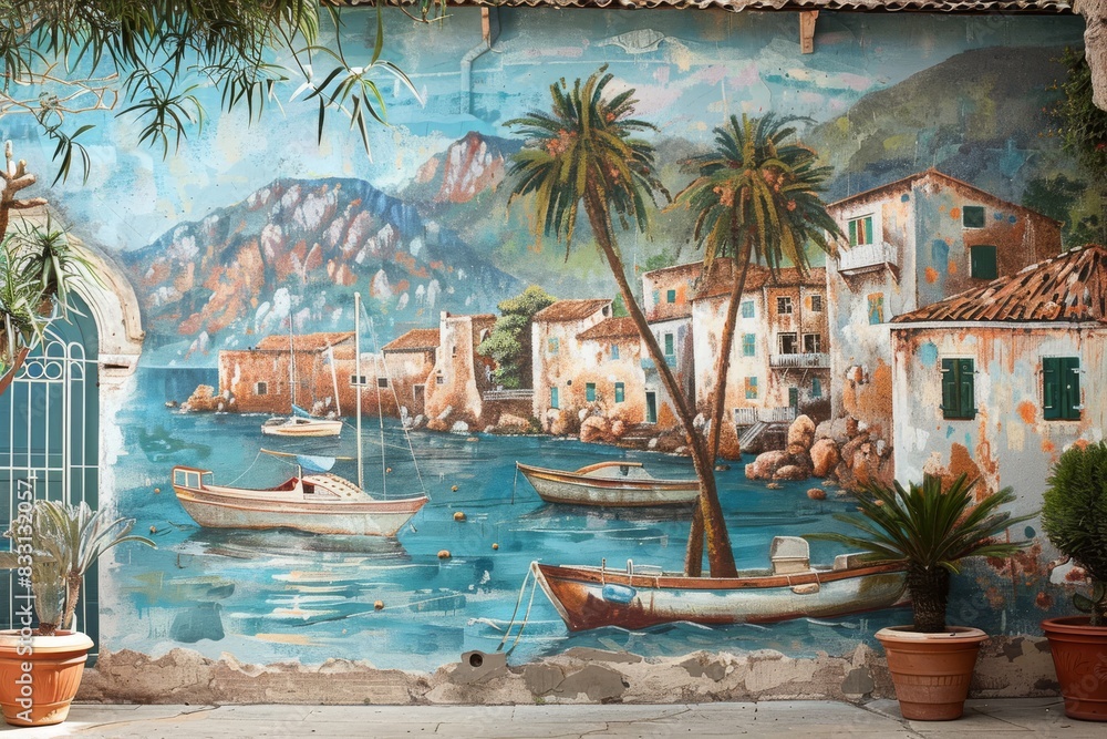 A mural of a charming seaside village with boats and fishermen on the side of a pool house A mural of a charming seaside village with boats and fishermen on the side of a pool house