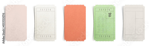 Travel or cinema ticket mockup. Realistic 3d vector illustration set of blank vintage white, red and green coupon with wave edges template. Theatre or circus voucher with empty space for text.