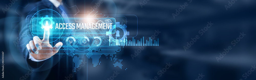 Businessman touching access management system network connection, data security and access control concept. Information protection. Businessman touching access management system network connection, data security and access control concept. Information protection.