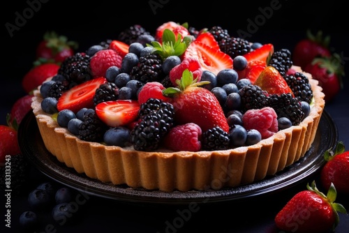 A vibrant fruit tart with a mix of fresh berries 