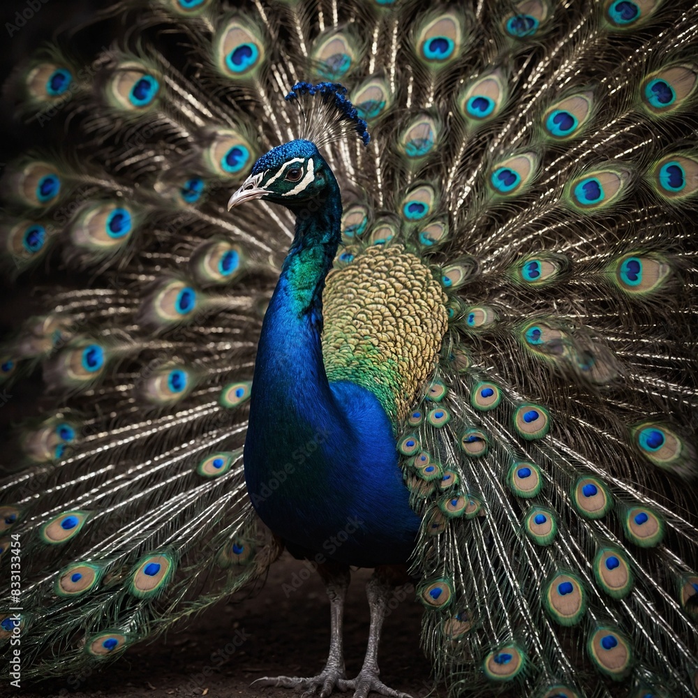 Obraz premium With each graceful movement, the peacock's feathers shimmer like precious gemstones against the backdrop of a starry night sky.