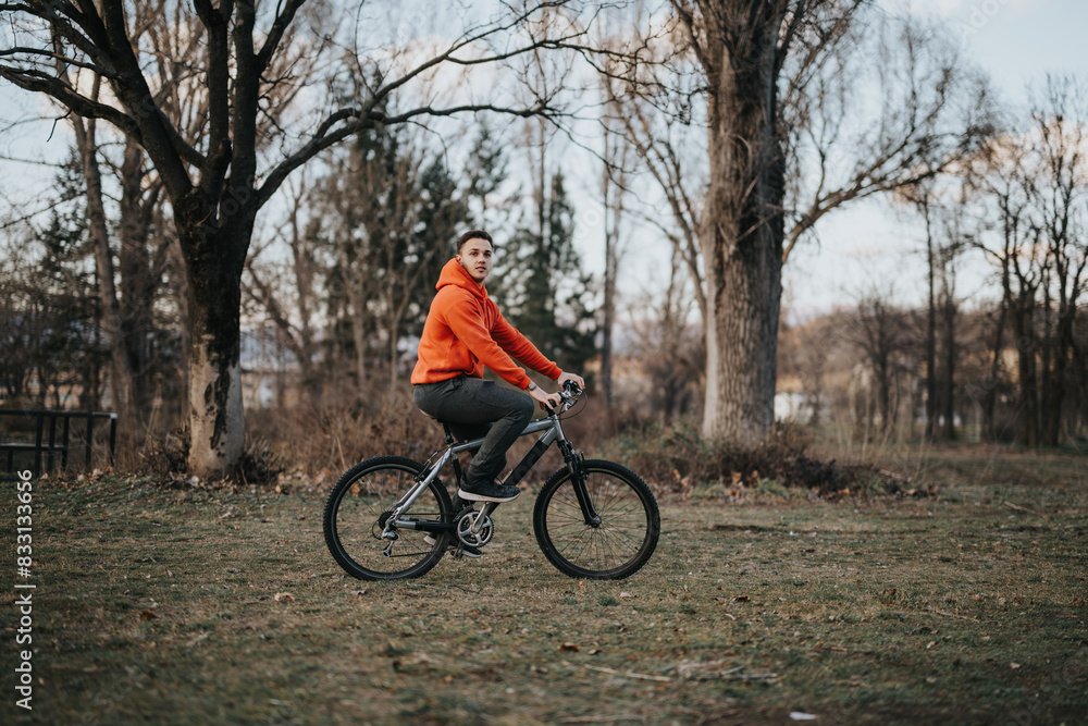 Casually dressed young man riding a bicycle through a city park, exemplifying an active and healthy urban lifestyle. Casually dressed young man riding a bicycle through a city park, exemplifying an active and healthy urban lifestyle.
