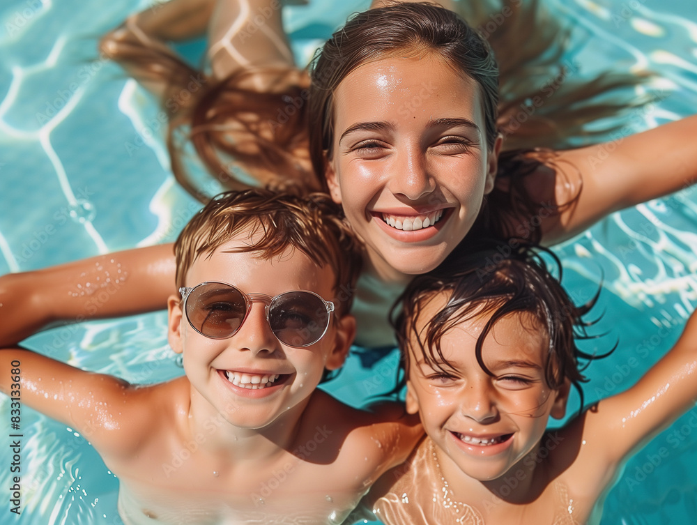 Junge Frau mit ihren Kindern im Pool. Sommerurlaub im Süden. Junge Frau mit ihren Kindern im Pool. Sommerurlaub im Süden.