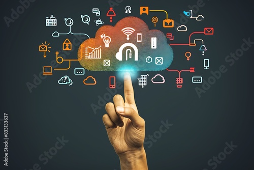 Hand touching infographic cloud computing and technology icons , cloud technology is centralise collect lifestyle and confidential information such as internet banking , password and shopping