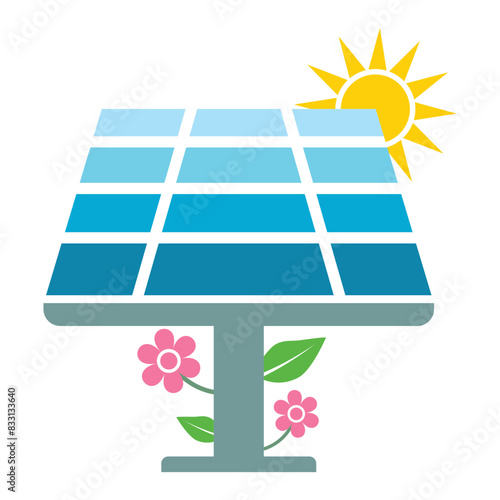 solar panel icon. eco friendly, sustainable, renewable and clean energy symbol with sun, green plant and flower. vector illustration on transparent background.