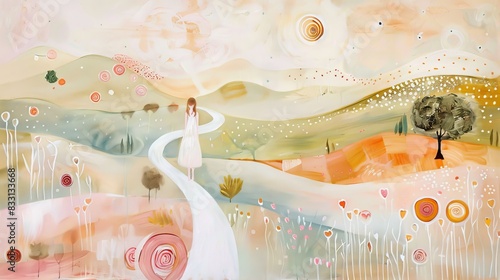 A surrealistic painting of an abstract landscape with swirling patterns and vibrant colors