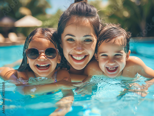 Junge Frau mit ihren Kindern im Pool. Sommerurlaub im Süden. photo