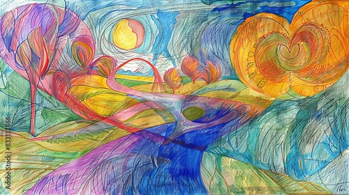 A surrealistic painting of an abstract landscape with swirling patterns and vibrant colors