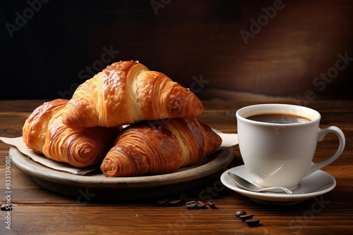 Another stack of croissants with a cup of coffee 