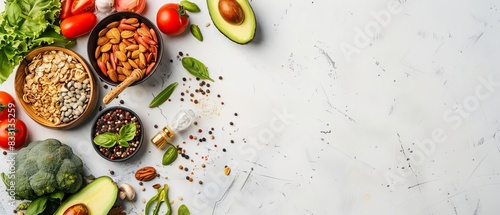 Healthy food ingredients on a marble background, including avocado, nuts, tomatoes, and seeds, for a nutritious diet and cooking inspiration.