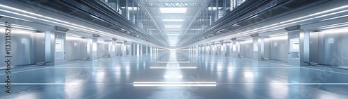 Modern futuristic empty warehouse with bright lighting, spacious industrial interior with reflective floor, perfect for business or technology use. photo