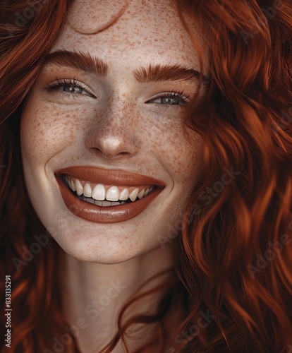 Close-up portrait of a smiling brunette model with long, curly red hair and glamorous makeup 