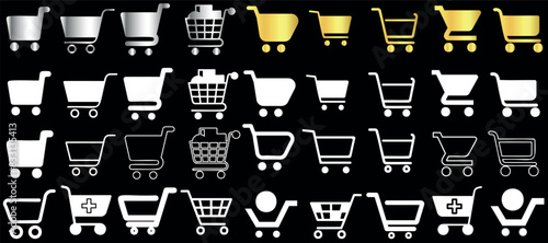 Shopping cart icon set on black background, metallic finish, diverse styles, gold, silver, variety of designs medical cart, retail symbol, cart vector e commerce icons