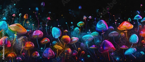 multicolored hallucinogenic mushrooms pop against a mysterious black canvas, inviting exploration into the vibrant and surreal. Dare to journey beyond the ordinary, psychedelic feels photo
