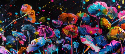 multicolored hallucinogenic mushrooms pop against a mysterious black canvas, inviting exploration into the vibrant and surreal. Dare to journey beyond the ordinary, psychedelic feels photo