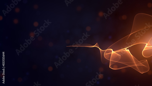 Abstract Cinematic Orange and Blue Shiny Turbulence with Wavy, Transparent Membrane-like Fields, Light Flare, and Flying Blurry Hazy Smoke Glitter Bokeh Background