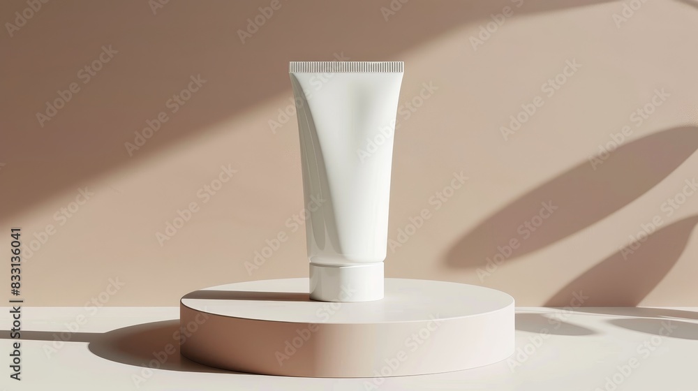 White cosmetic tube on round beige stand with shadow play background White cosmetic tube on round beige stand with shadow play background