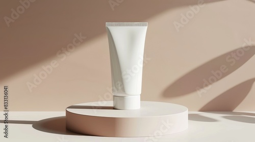 White cosmetic tube on round beige stand with shadow play background
