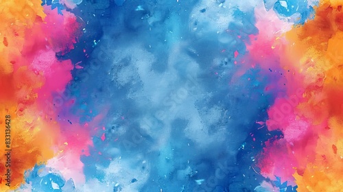 blue watercolor paint background design with colorful orange pink borders and bright center 