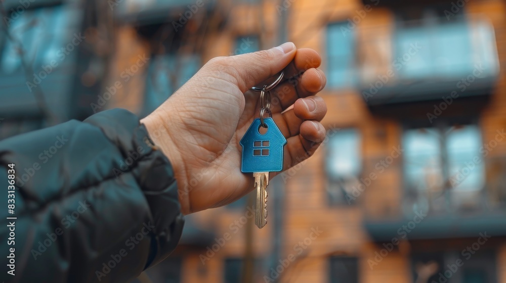 Curated visual reference: Keys For Apartment Complex Reference: Hand Holding House Key With A Blue House Shape Keychain