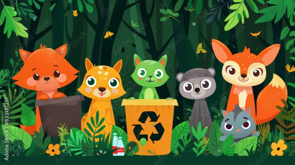 Naklejka premium Cartoon Vector Creative cartoon image of diverse animals working together to recycle and reduce waste in a vibrant forest environment Generative AI