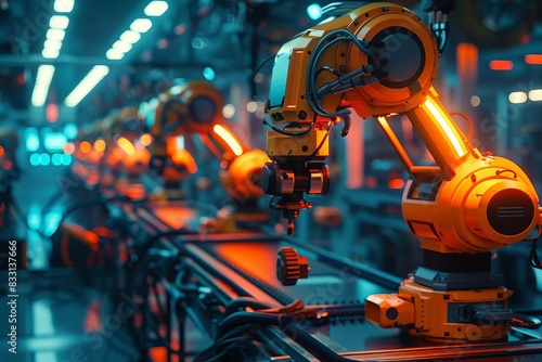 Robotic arms working on an assembly line in a factory, showcasing advanced automation technology in a modern industrial setting. © Pairat