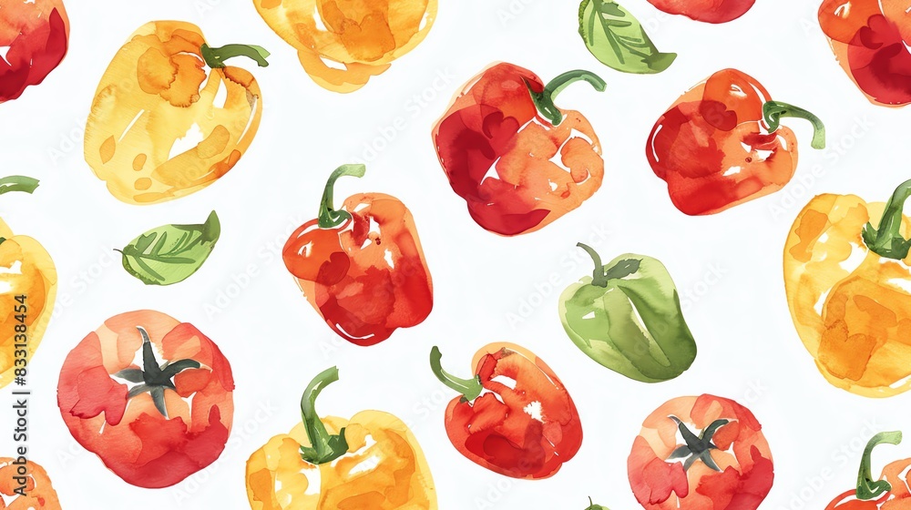 Hand-drawn seamless pattern featuring watercolor tomatoes and bell peppers, perfect for a colorful and organic look Hand-drawn seamless pattern featuring watercolor tomatoes and bell peppers, perfect for a colorful and organic look