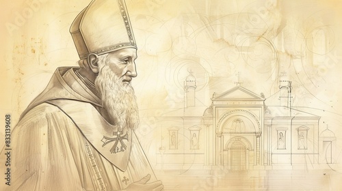 St. Ambrose of Milan in Bishop's Robes, Italian Church, Biblical Illustration, Beige Background, Copyspace photo