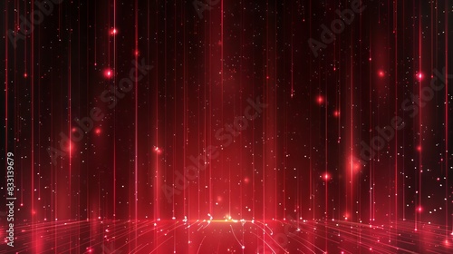 Red background, red laser beams shooting from the top to bottom of the screen, background with stars and dot