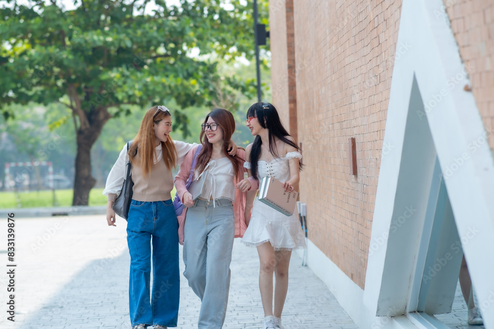 College students walking together outdoors, Group of happy friend students walking at the campus College students walking together outdoors, Group of happy friend students walking at the campus