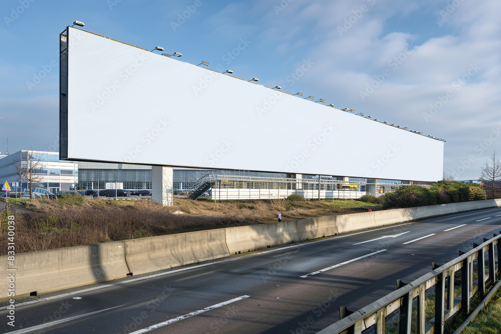 Wide morning scene: large rectangular blank billboard on a distressed concrete fence. Wide morning scene: large rectangular blank billboard on a distressed concrete fence.