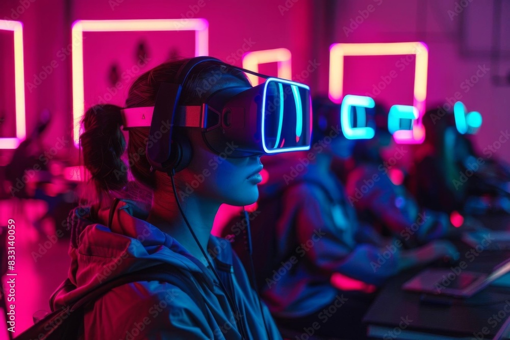 People using virtual reality headsets in a neon-lit room, experiencing immersive technology. Futuristic and innovative atmosphere. People using virtual reality headsets in a neon-lit room, experiencing immersive technology. Futuristic and innovative atmosphere.