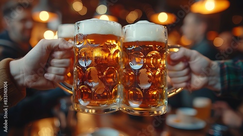 A close-up shot of a multicultural group of colleagues clinking beer mugs in a casual, cozy pub.