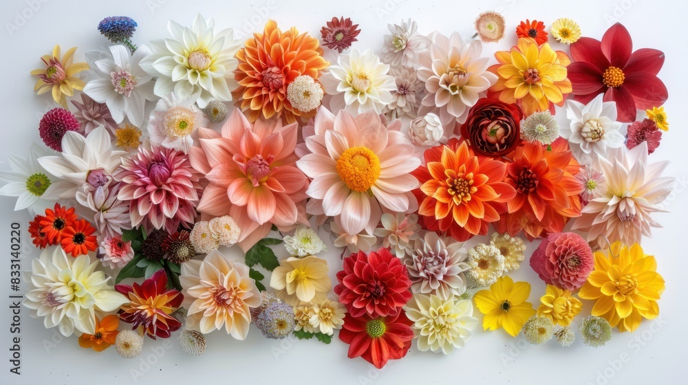 beautiful colored flowers arranged around a central white space on a white background beautiful colored flowers arranged around a central white space on a white background