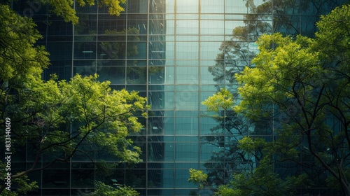 Modern glass building with lush green trees creating a harmony between nature and urban architecture, symbolizing sustainability and growth.