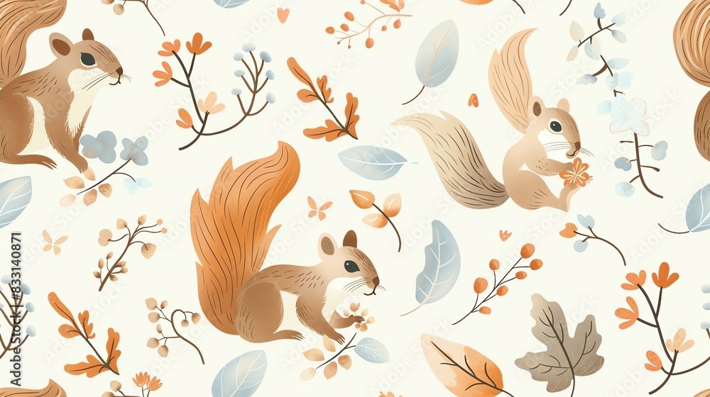 Soft pastel-colored seamless pattern with hand-drawn leaves, small flowers, and squirrels, showcasing a harmonious and whimsical design Soft pastel-colored seamless pattern with hand-drawn leaves, small flowers, and squirrels, showcasing a harmonious and whimsical design