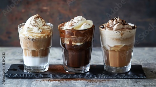 three glasses of cold coffee side by side, first glass is affogato with a scoop of white ice cream